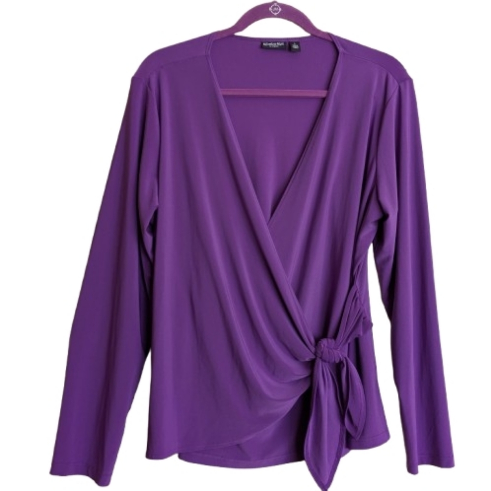 Citiknits Classic Purple Faux Wrap Blouse Top V-neck Slinky Stretchy Size Large